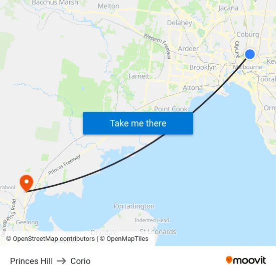 Princes Hill to Corio map