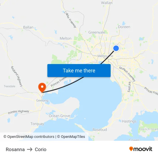 Rosanna to Corio map