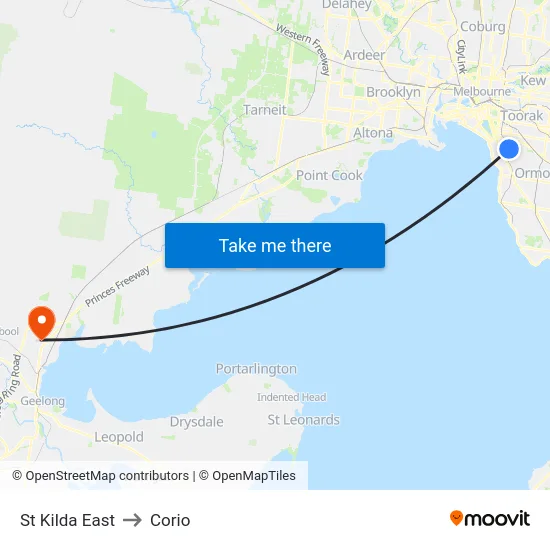 St Kilda East to Corio map