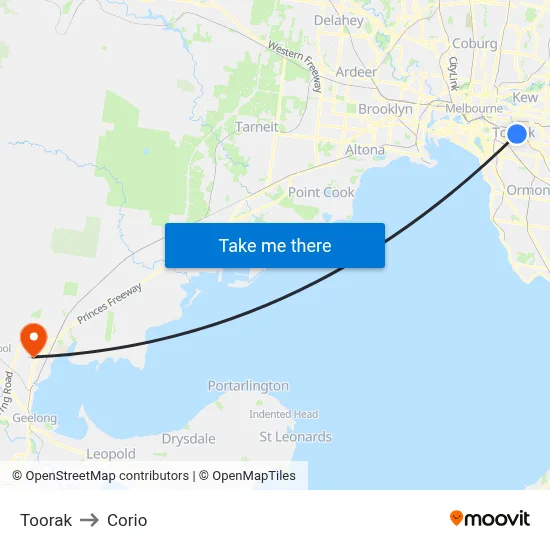 Toorak to Corio map