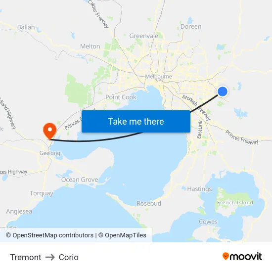 Tremont to Corio map