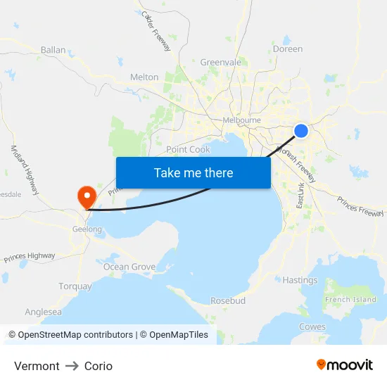 Vermont to Corio map