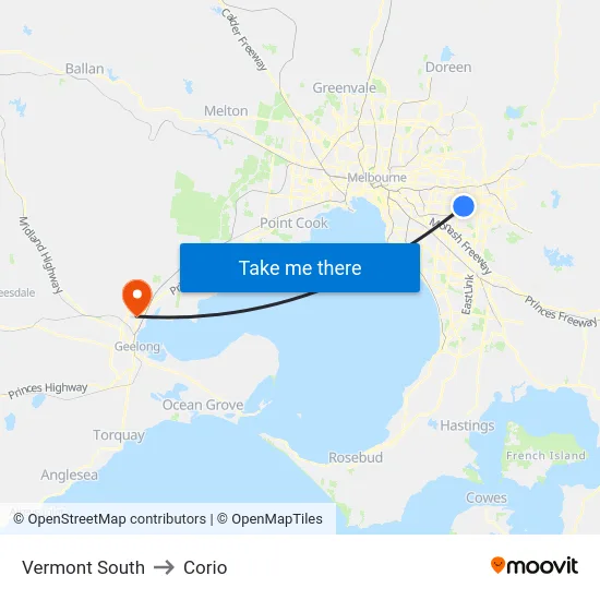 Vermont South to Corio map