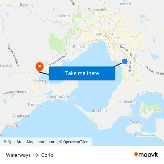 Waterways to Corio map