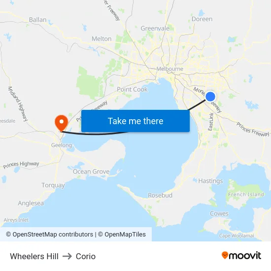 Wheelers Hill to Corio map