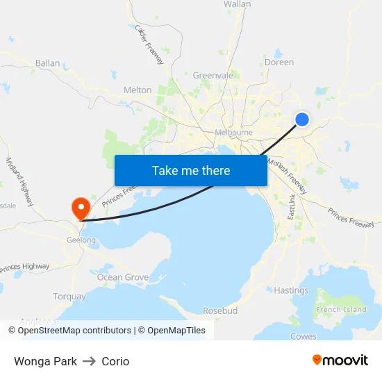 Wonga Park to Corio map