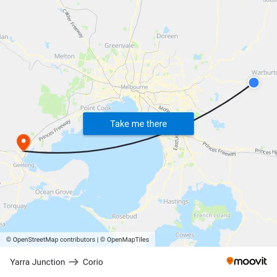 Yarra Junction to Corio map