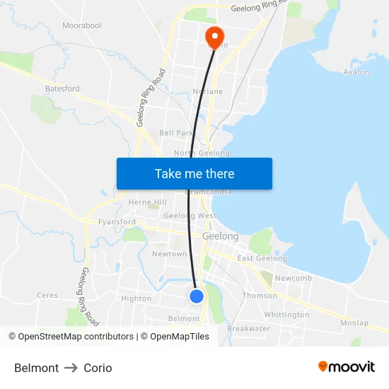 Belmont to Corio map