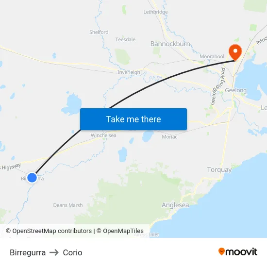 Birregurra to Corio map