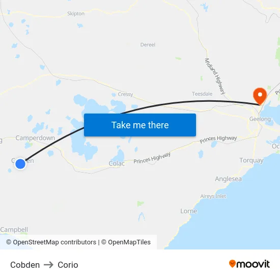 Cobden to Corio map