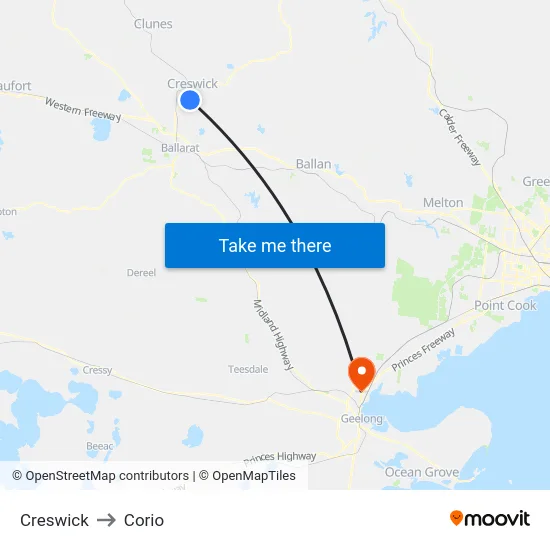 Creswick to Corio map