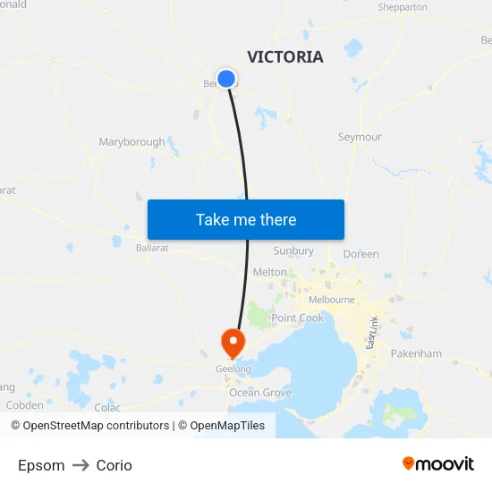 Epsom to Corio map