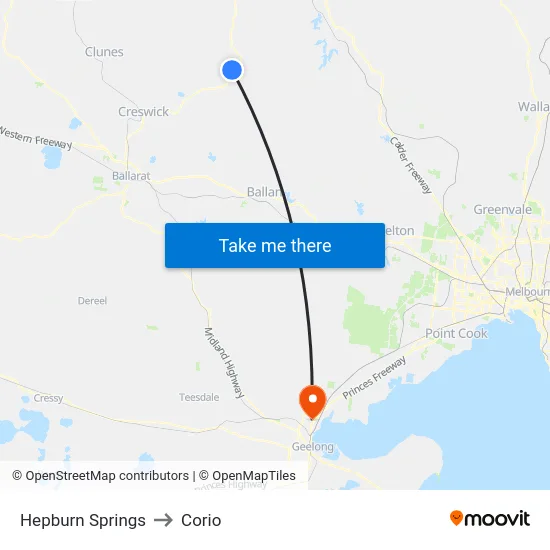 Hepburn Springs to Corio map