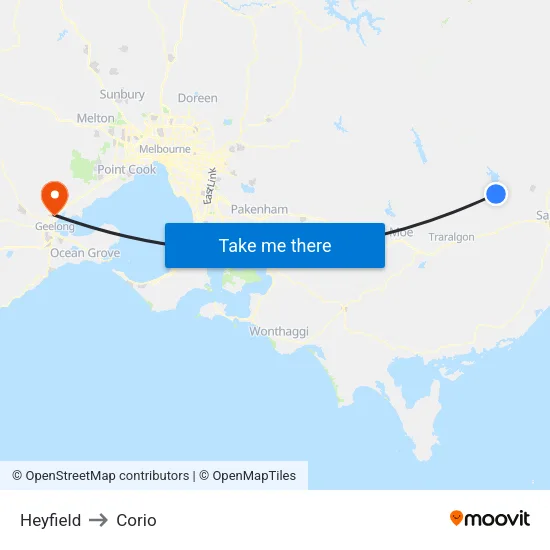 Heyfield to Corio map