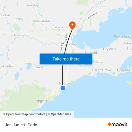 Jan Juc to Corio map