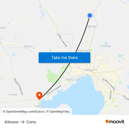 Kilmore to Corio map