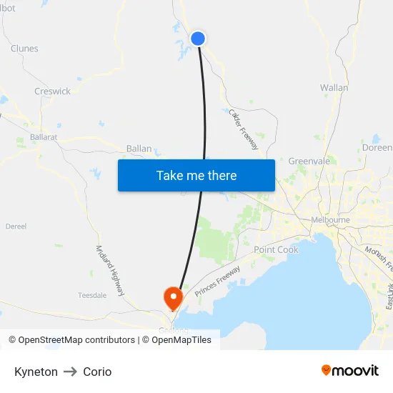 Kyneton to Corio map