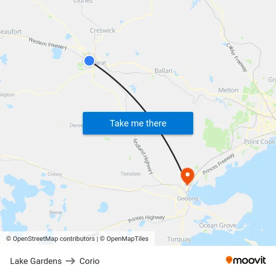 Lake Gardens to Corio map