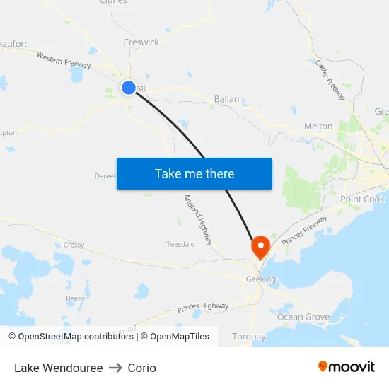 Lake Wendouree to Corio map