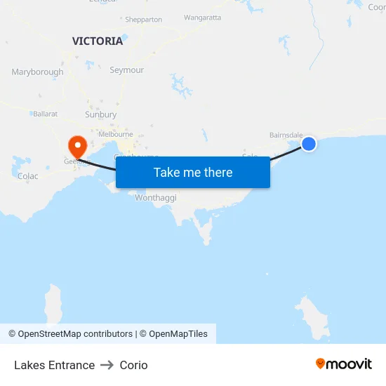 Lakes Entrance to Corio map