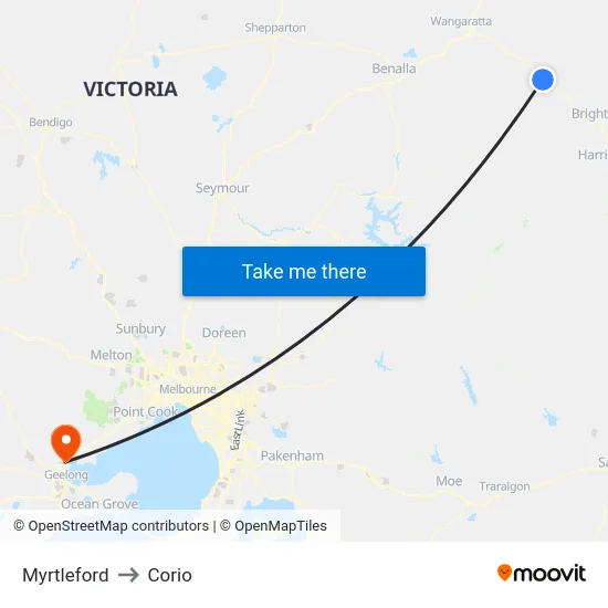 Myrtleford to Corio map