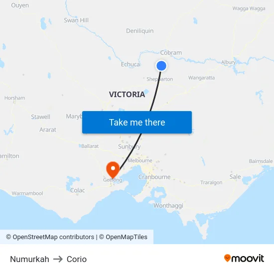 Numurkah to Corio map