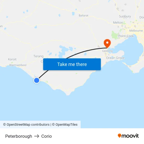 Peterborough to Corio map