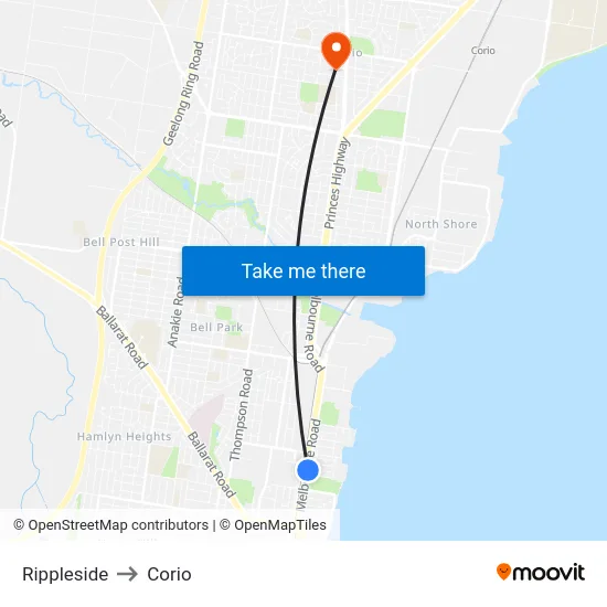 Rippleside to Corio map