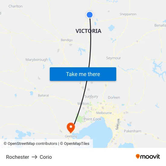 Rochester to Corio map