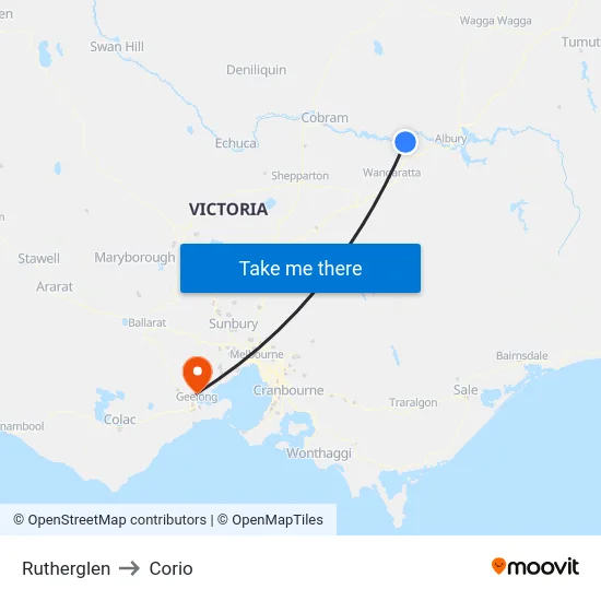 Rutherglen to Corio map