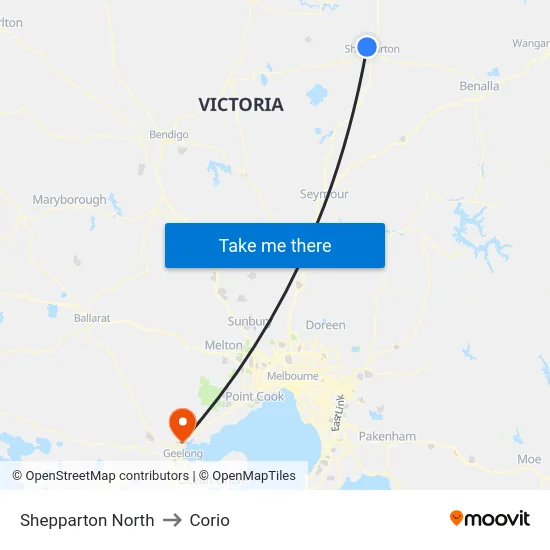 Shepparton North to Corio map