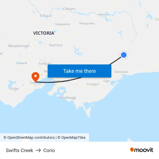 Swifts Creek to Corio map