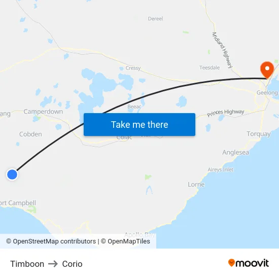 Timboon to Corio map