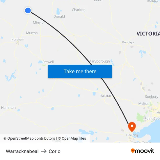 Warracknabeal to Corio map
