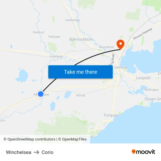 Winchelsea to Corio map