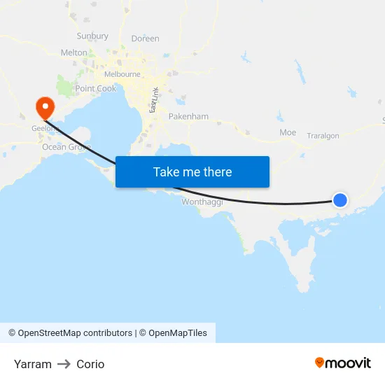 Yarram to Corio map
