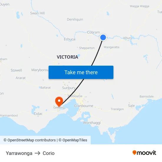 Yarrawonga to Corio map