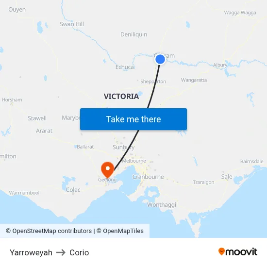 Yarroweyah to Corio map