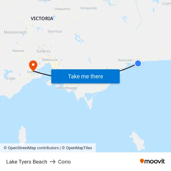 Lake Tyers Beach to Corio map