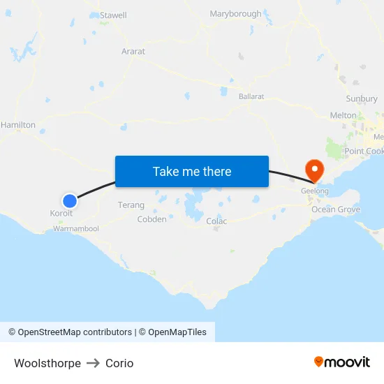 Woolsthorpe to Corio map