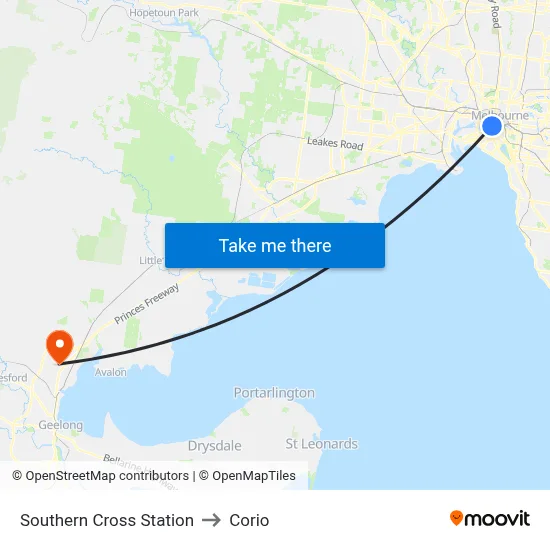 Southern Cross Station to Corio map