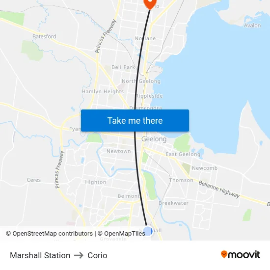 Marshall Station to Corio map