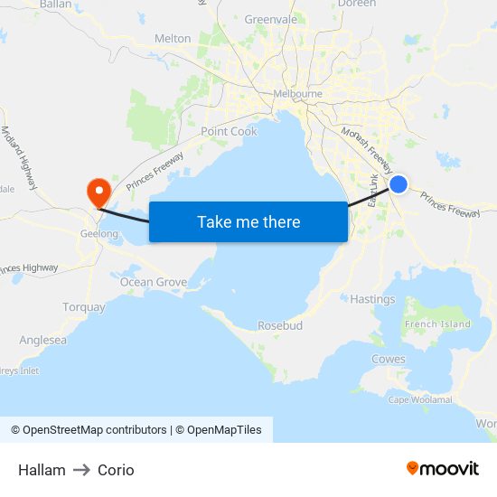 Hallam to Corio map