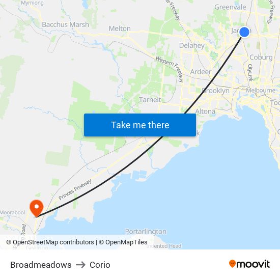 Broadmeadows to Corio map