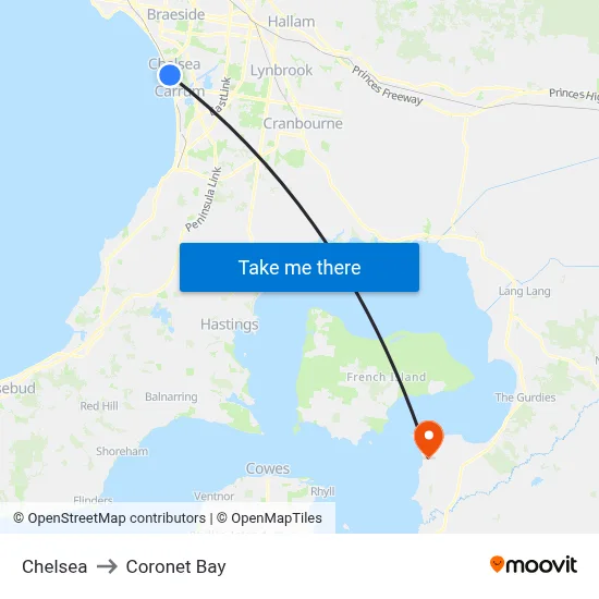 Chelsea to Coronet Bay map