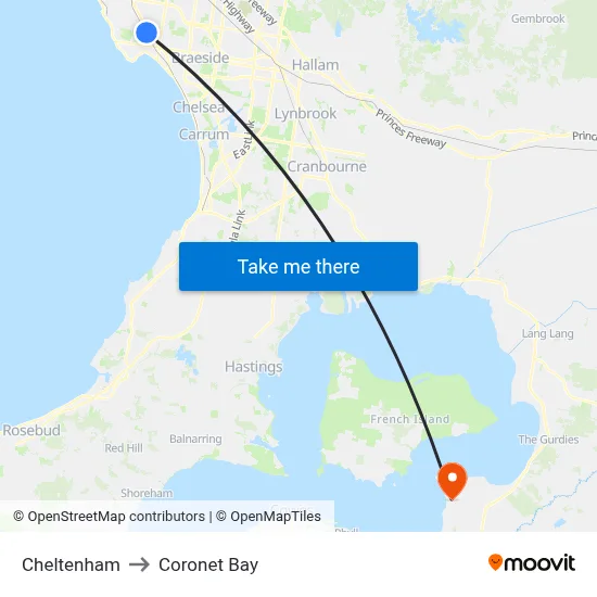 Cheltenham to Coronet Bay map