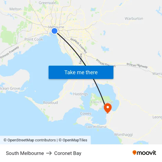 South Melbourne to Coronet Bay map
