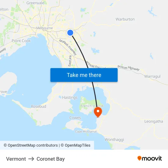 Vermont to Coronet Bay map