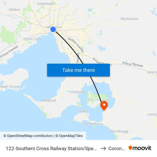 122-Southern Cross Railway Station/Spencer St (Melbourne City) to Coronet Bay map