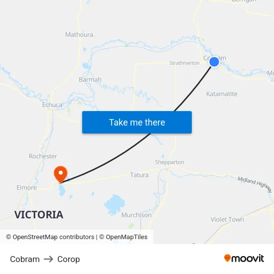 Cobram to Corop map